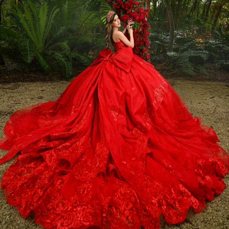 Red Princess Off the Shoulder Sweet 16 Dress Quinceanera Dresses Applique Lace Beads Bow Tull Party Birthday Vestidos 15