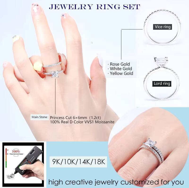 Fine Jewelry White Gold Ring 9K10K14K18K Princess Cut GRA Certificate 12 Ct D Color Moissanite Rings Set for Women Wedding