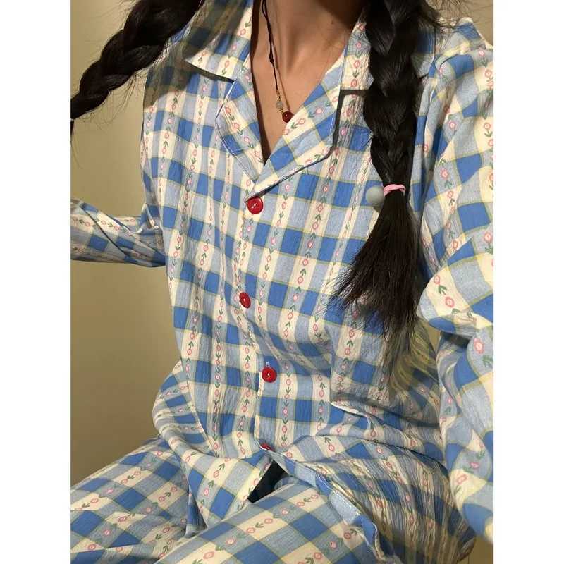 Autumn and Winter Women Nightwear Plaid Rose Striped Long Sleeve Trousers Pajamas Loungewear Plus Size TwoPiece Set SleepwearT251029
