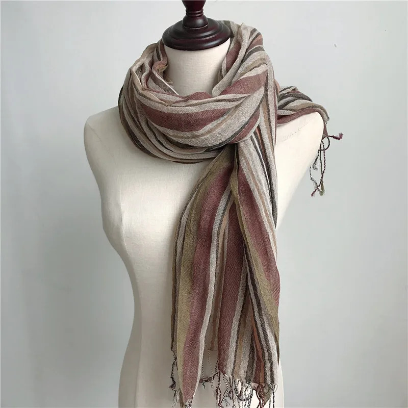 Johnature 2025 Thin Cotton Linen Striped Scarf Four Seasons Versatile Soft Neck Guard Silk Scarf Womens Travel Shawl Scarf 251029