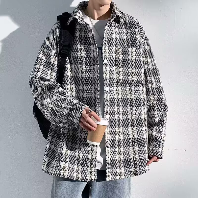 2025 Spring And Autumn Small Fragrance Style Woolen Coat Men's Trendy Designer Jacket Loose Casual Jacket High-end Cool Plaid Shirt