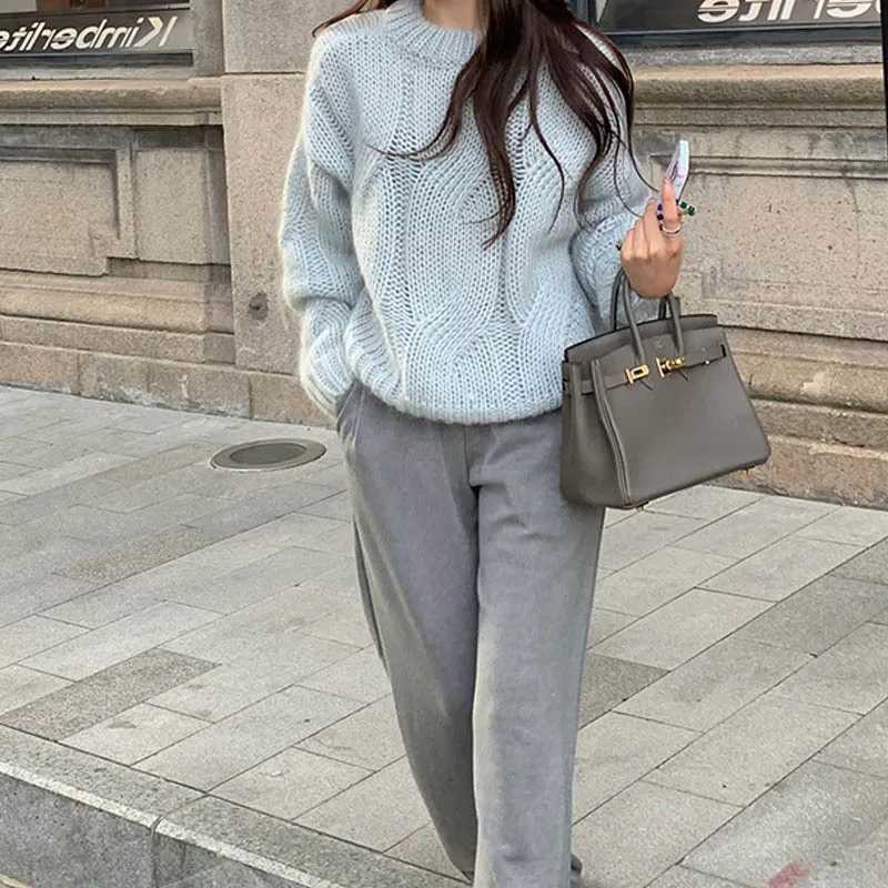 Coarse Yarn Knitted Sweater for Women Autumn Winter Lazy Style Stretch Twist Pullovers Vintage Solid Color ONeck Jumpers Mujer J251029