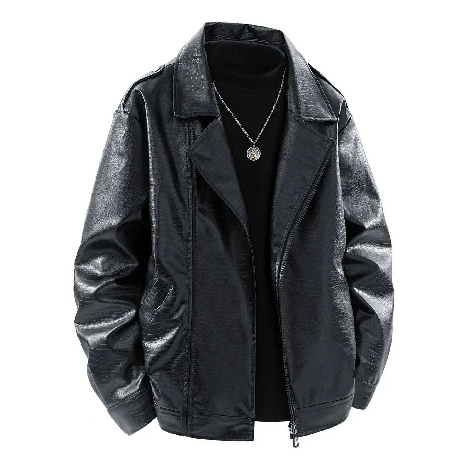 Autumn Man Leather Jacket New High Street Motorcycle Punk Male Outerwear Turn Down Collar Long Sleeve Zipper Loose Men CoatT251029