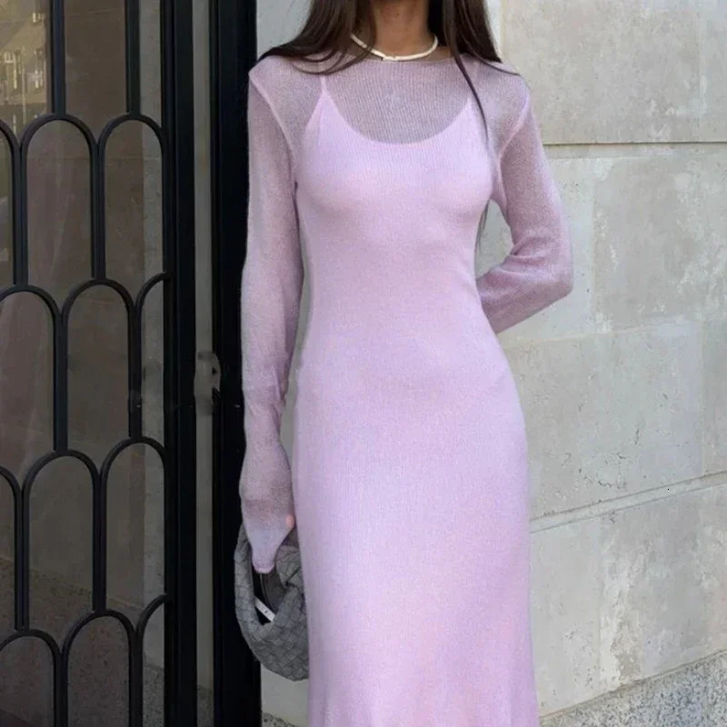 Spring Autumn ONeck Elastic Knit Long Dresses Women Elegant Chic Soft Lady Hollowing Sweater Dresses Femme 251029