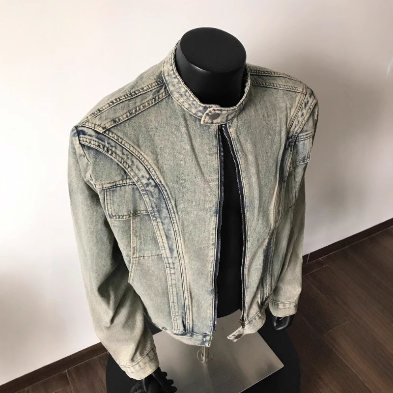 Spring And Autumn Designer Jacket Trendy Brand Deconstructed Heavy Washed Vintage Stand Collar Padded Shoulder Denim Jacket Men's Oversized Zippe