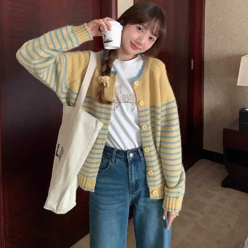 Women Clothes Spring Autumn Fashion Korean Button Striped Color Blocking Knitting Female Appear Thin Loose Cardigan Sweater CoatT251028