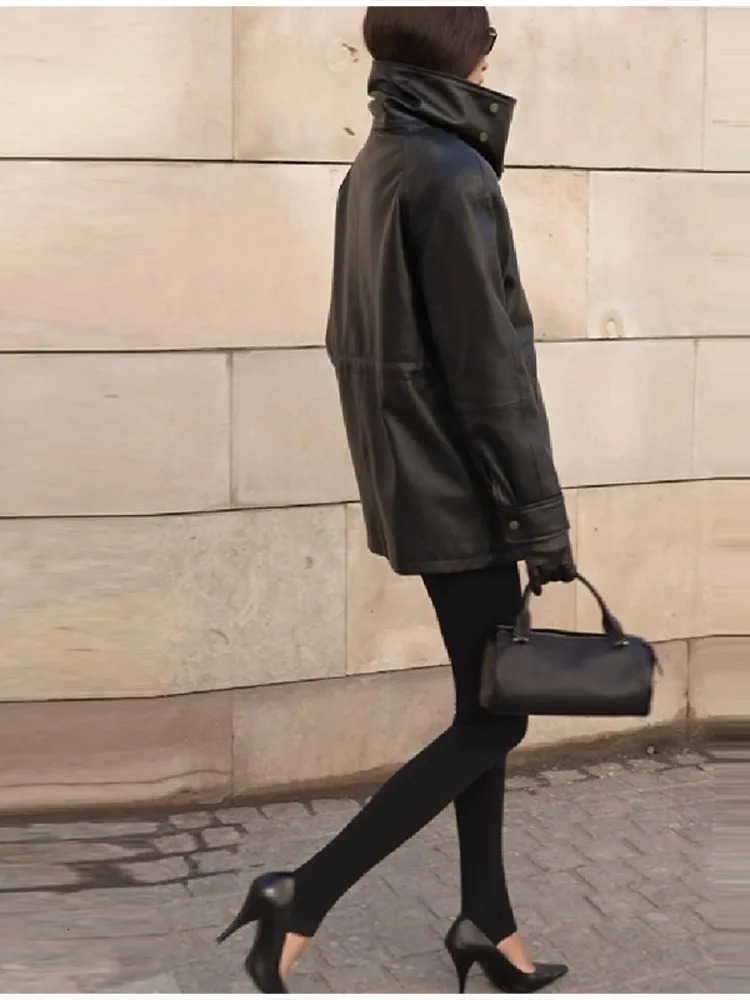 Women Fashion Black Leather jacket Double slim fit stand up collar Coat 2025 Autumn High Street Outfits Womens jackets 251029