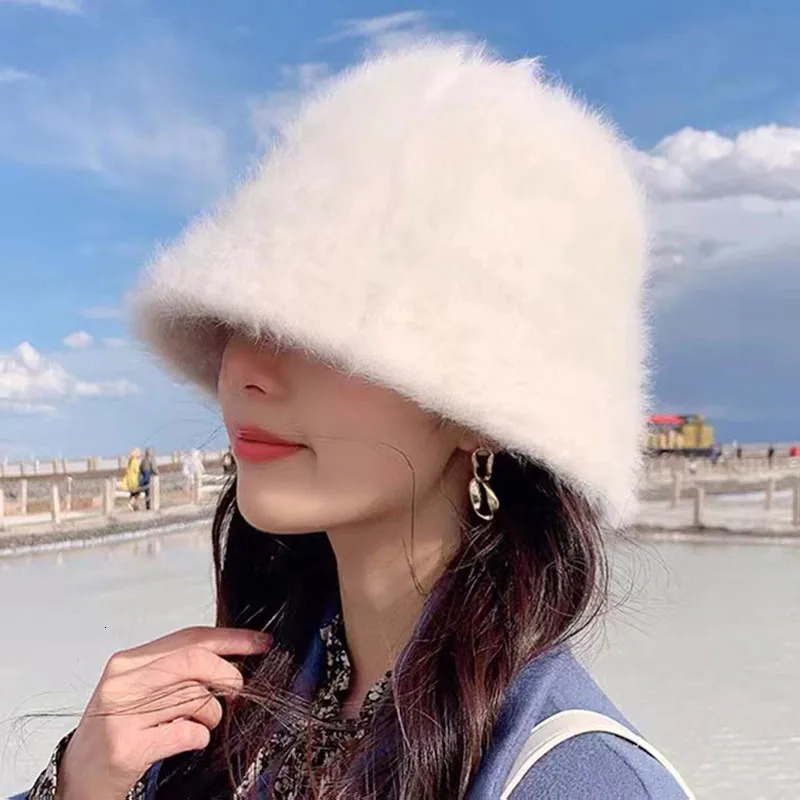 Hat winter womens fashion Solid color rabbit fur hat bucket cap fishermans hat knitted wool basin Bucket Hat 251029