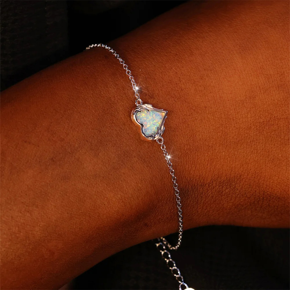 Romantic Love Heart Stone White Blue Fire Opal Chain Bracelets For Women Real 925 Sterling Silver Wedding Jewelry Valentine Gift 251024