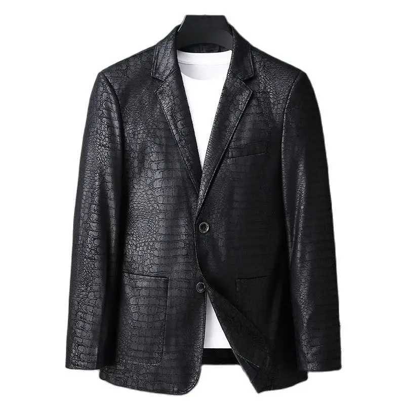 Mens Casual Spring Autumn Vintage Soft Faux Leather Jackets Male Classic Slim Fit Crocodile Pattern Suit Black Blazers CoatsT251029