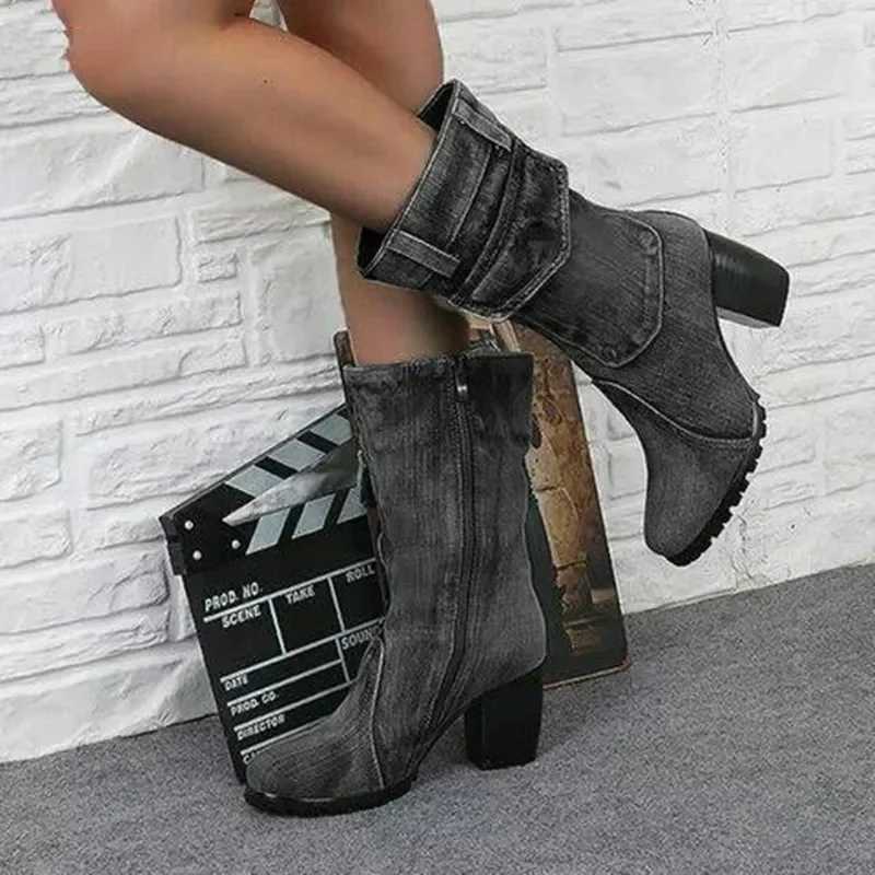 Cowboy Womens Boots 2024 Autumn and Winter New Pointed Denim Style Casual Temperament High Heels Single Shoes Zapatos De Mujer Z251029