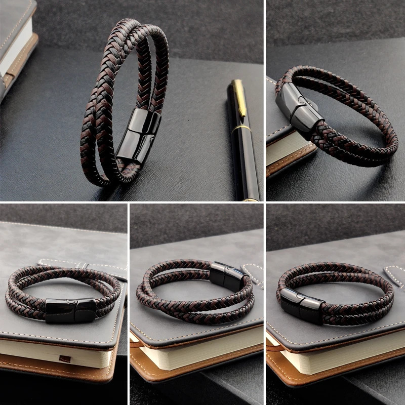 Steel Bracelet Double Layer Brown Black Leather Braided Rope Man High Quality Stainless Steel Magnetic For Women Gift 251013