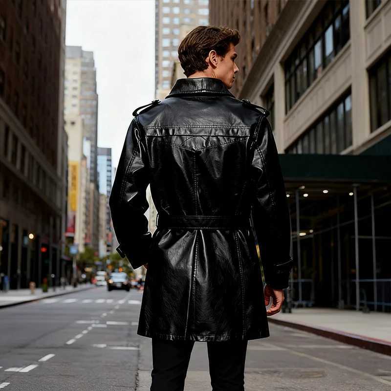 Mens Unisex Black PU Leather Jacket Garment belt American Lapel QIU Season Fashionable Texturized MidLength Loose AllmatchT251029