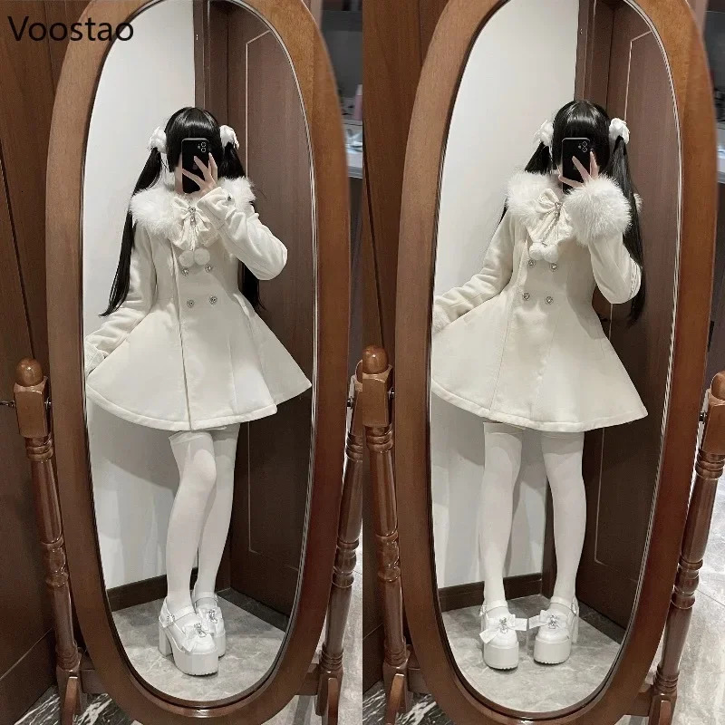 Autumn Winter Japanese Kawaii Lolita Woolen Coat Women Sweet Bow Plush Slim Jacket Female Korean Style Warm Dress Cute Overcoat 251028