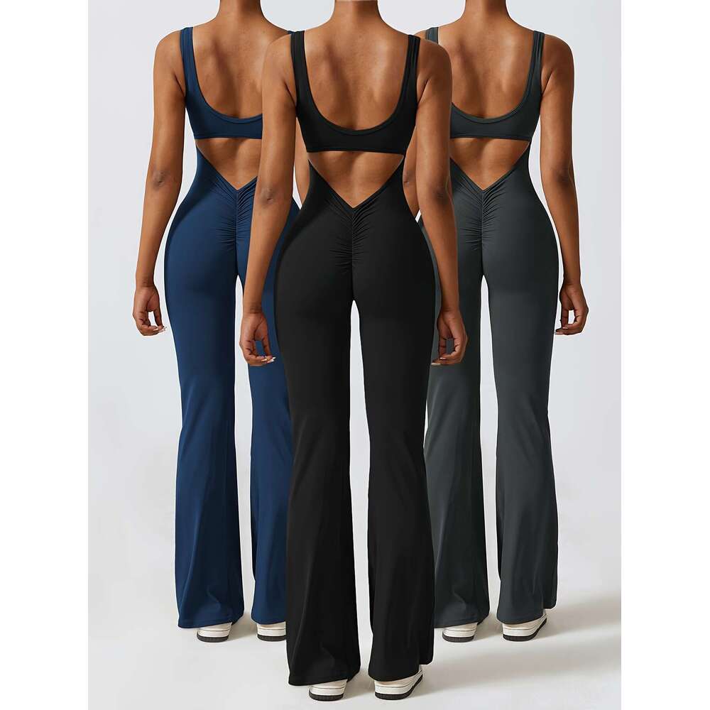 3Pcs Flattering Solid Color Cut-Out Backless Yoga Bodysuit Jumpsuit Women's Activewear With Chest Pad Flared Gym Pants - Comfortable And Breathab