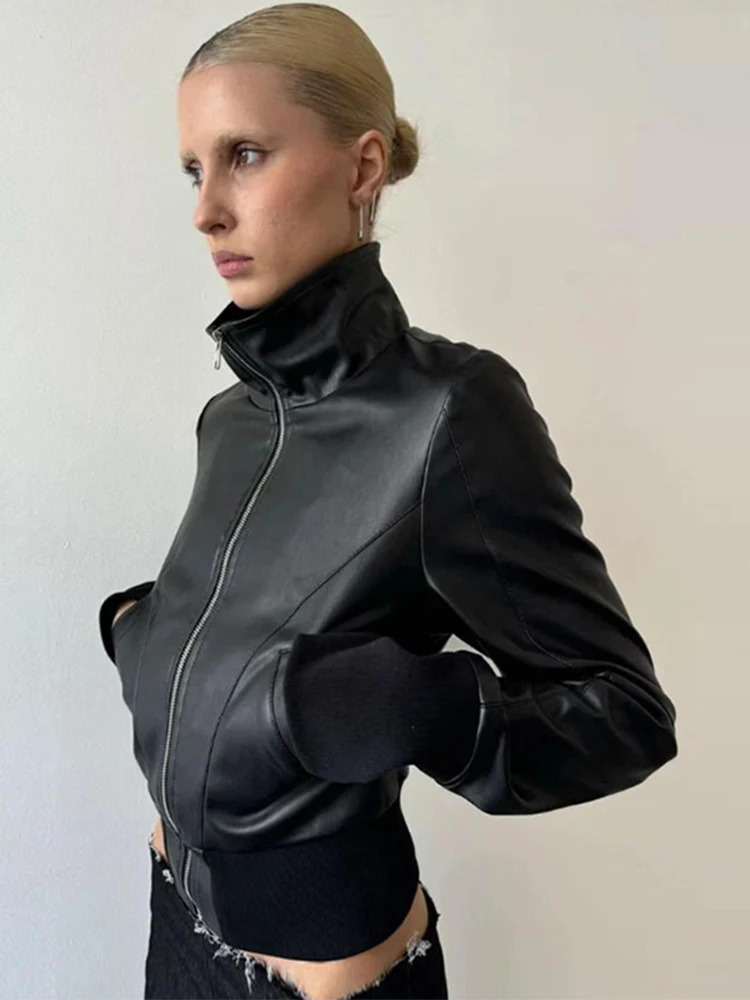 Chic Faux Leather Stand Collar Cropped Jacket Coat Womens ZipUp Ribbed Hem Slim Fit Short Outerwear 2025 Spring Autumn Outfit 251029
