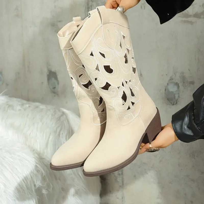 2025 Hollow Embroidered Vintage Western Boots Women Autumn Chunky Heels Knee High Cowboy Boots Woman Pu Leather Knight Booties Z251029