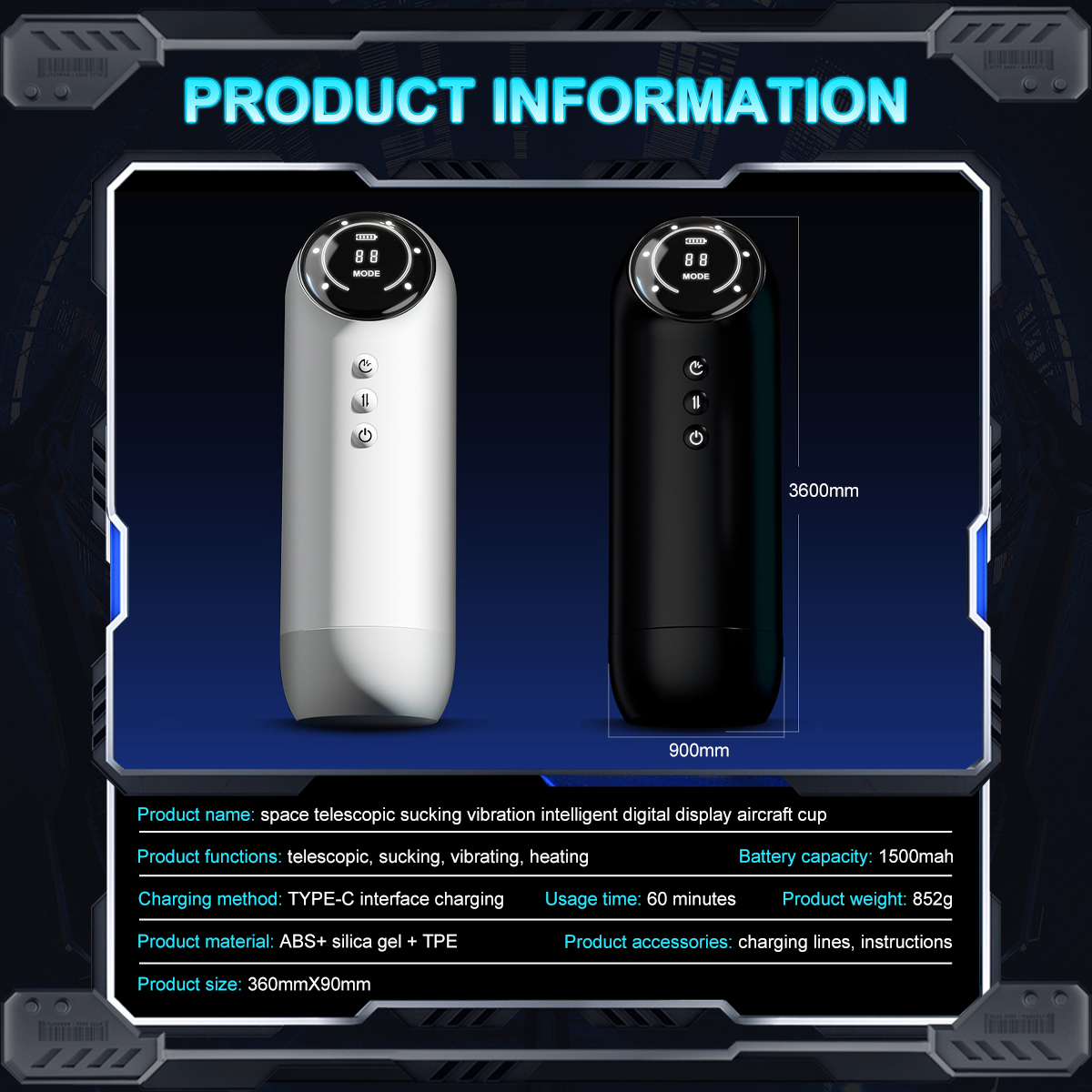 Male Masturbator Stroker Cup - 4 Thrusting, 4 Suction, 9 Vibration, Heating & Voice, Silicone/ABS/TPE, Type-C, Black/White, less than 60dB Quiet Adult