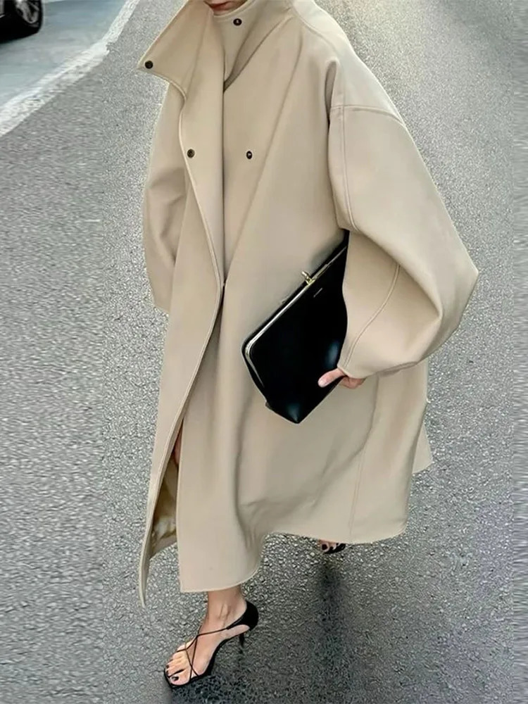 Autumn Retro Suede Dark Brown Lace Up Overcoat Women Casual Simple Elegant Long Coats Fashion Female Streetwear 251028