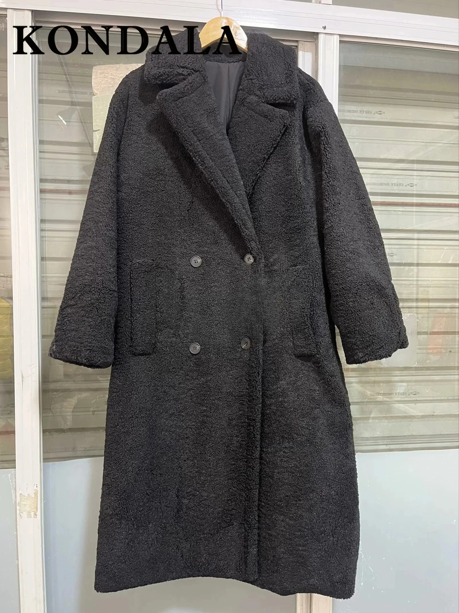KONDALA Winter Women Casual Solid Coat Double Breasted Fleece Loose Fit Long Vintage Oversized Jacket 251028