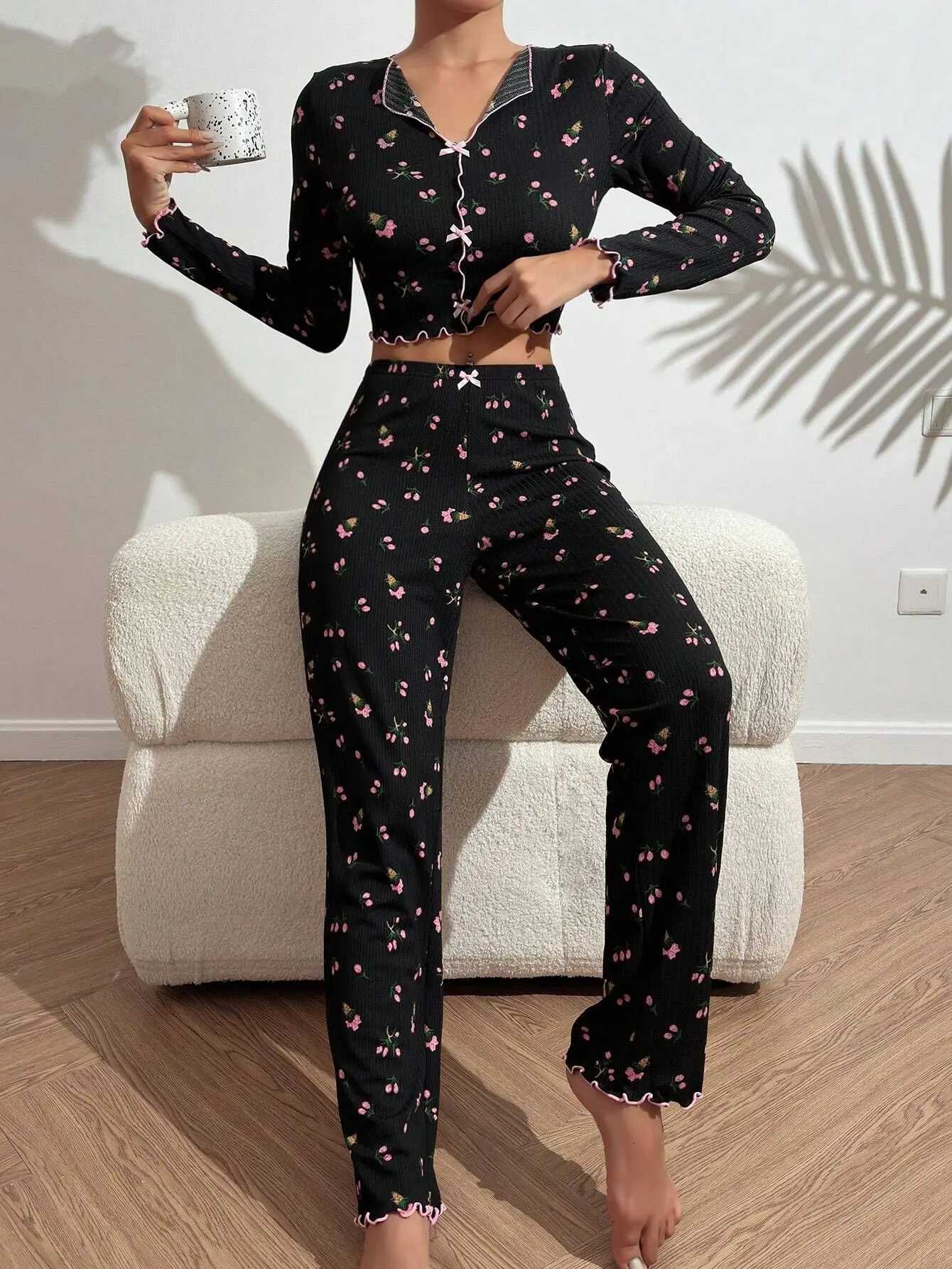 Y2K Cute Floral Ribbed Pajama Set Womens Long Sleeve V Neck Two Piece Sleepwear Homewear Autumn Winter Bow Lettuce Trim New HotT251029