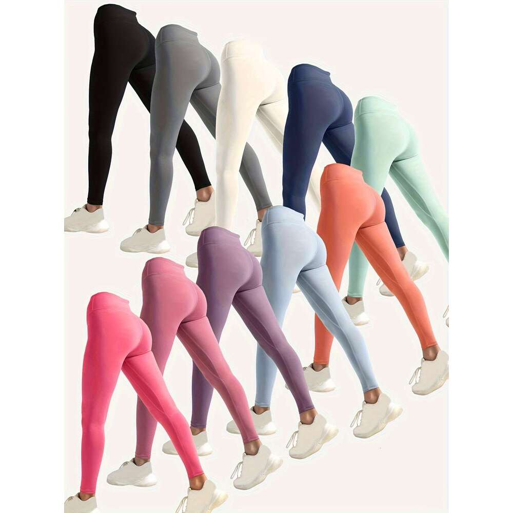 10pcs High-Waist Stretchy Yoga Leggings Women - Comfortable, Non-See-Through, Solid Color, Long Length, Perfect for Running & Fiess