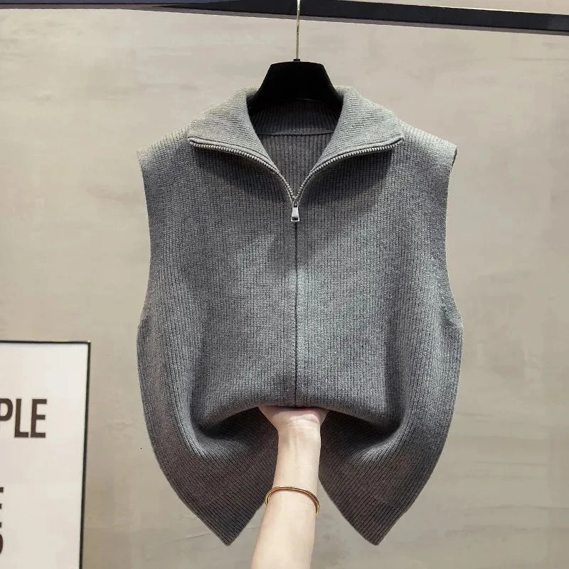 Double Zipper Women Knitted Sweater Vest Spring Autumn Stand Collar Sleeveless Sweater Vest Solid Waistcoat Outer Wear Vest Top 251029