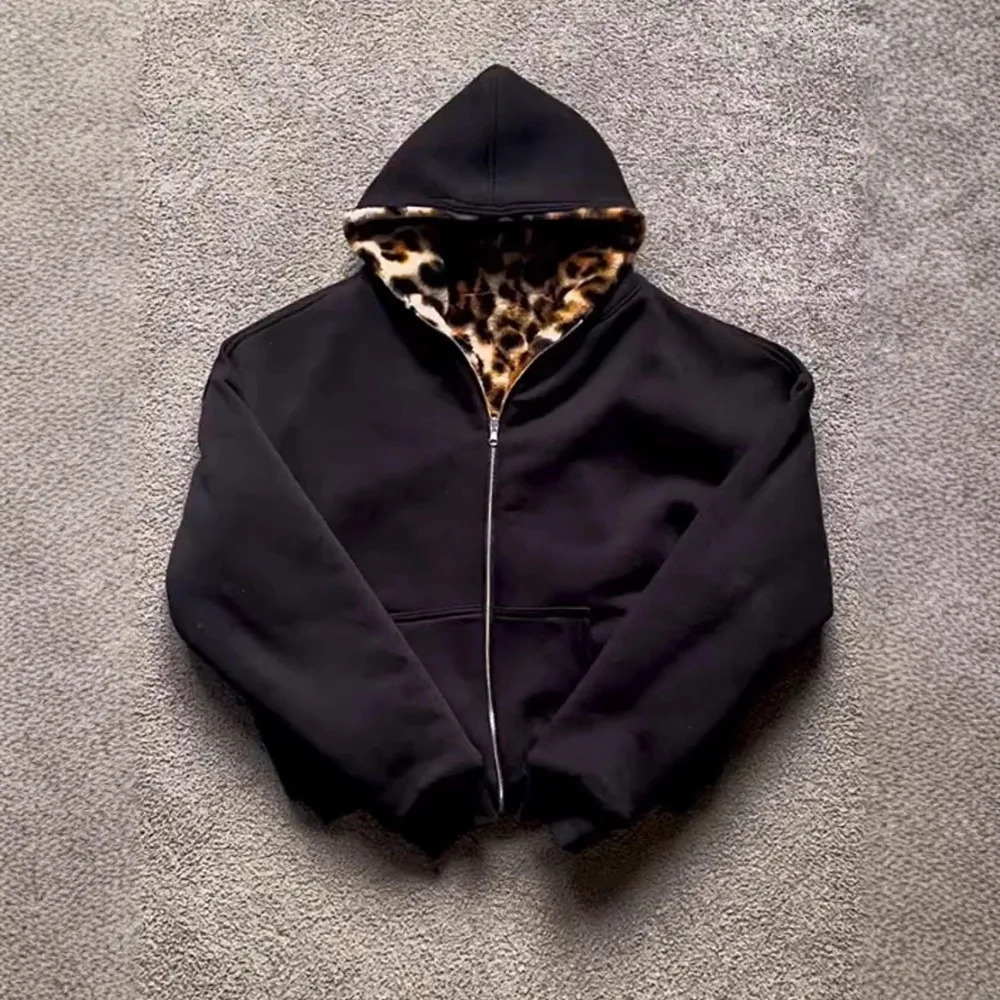 Autumn and Winter Fashion Retro Leopard Print Hooded Zipper Doublesided Sweatshirt Jacket 251029