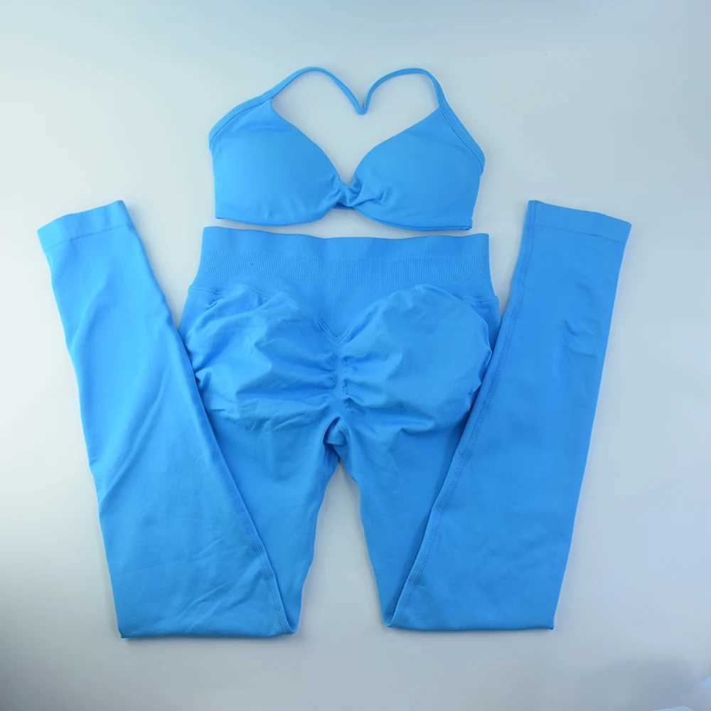 2PCS Strappy Bra SET Gym Top Thin Strap Seamless Scrunch Workout Yoga Women High Support Halter Sports Bras NoXJ251029