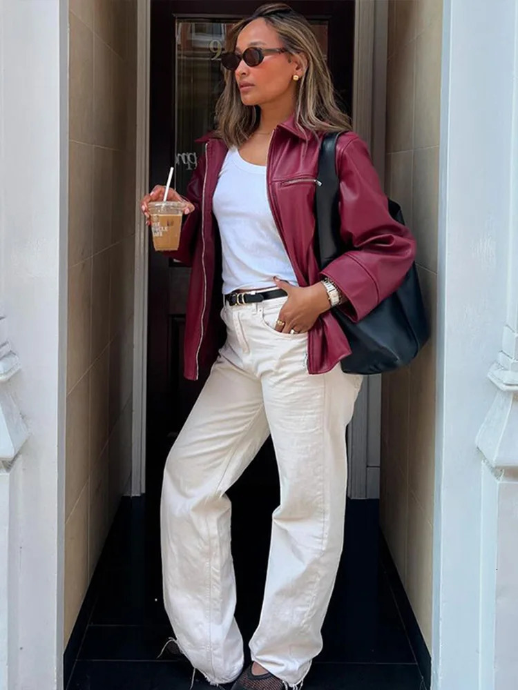 Fashion Red Wine Leather Jacket Women Loose Lapel Zippers Long Lantern Sleeve Coats 2025 Autumn Female Vintage Outwears 251029