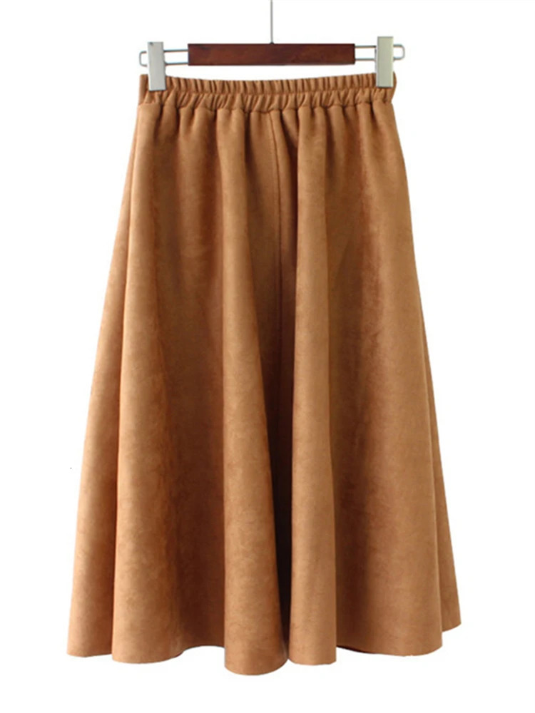 REALEFT 2025 Autumn Winter Women Suede Midi Skirts High Waist Multi Color Elegant ALine Skirts Umbrella Ladies Skirt Female 251028