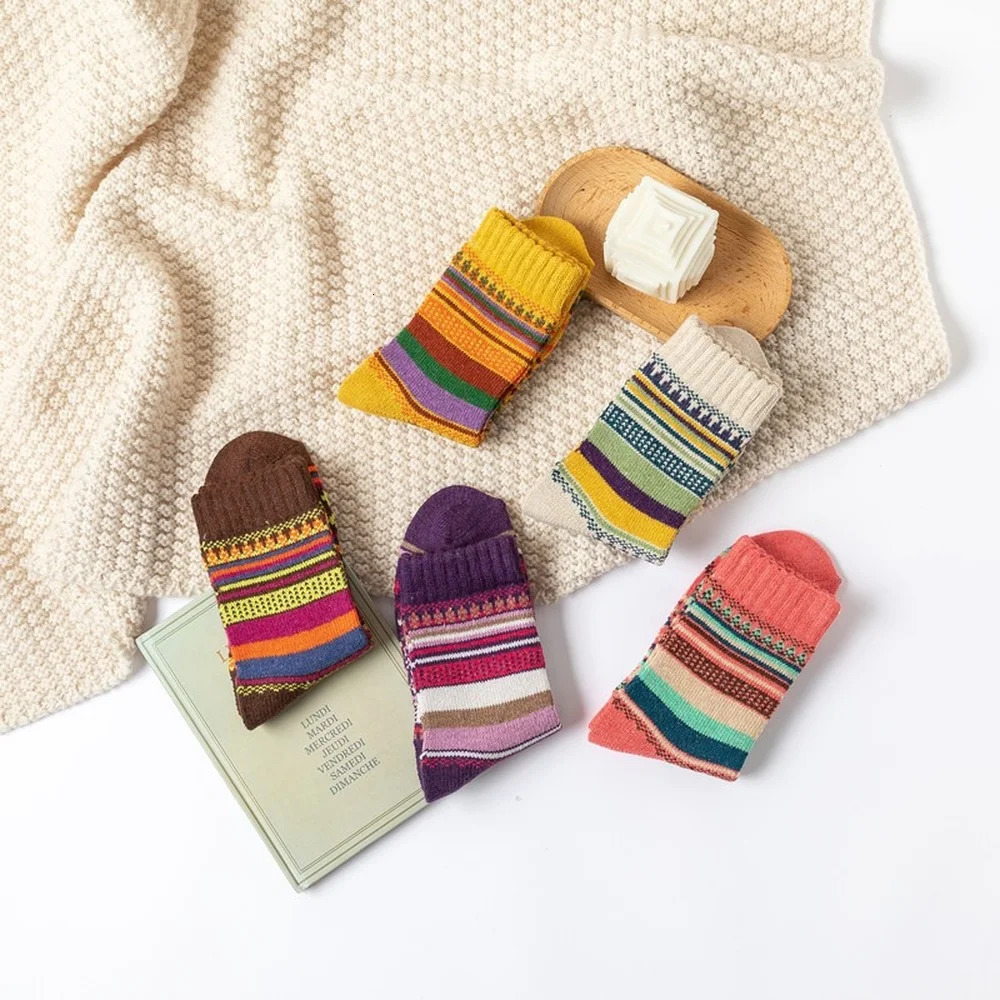 5 Pairs Autumn and Winter Cute Colorful Striped Women Warm Rabbit Wool Socks 251029
