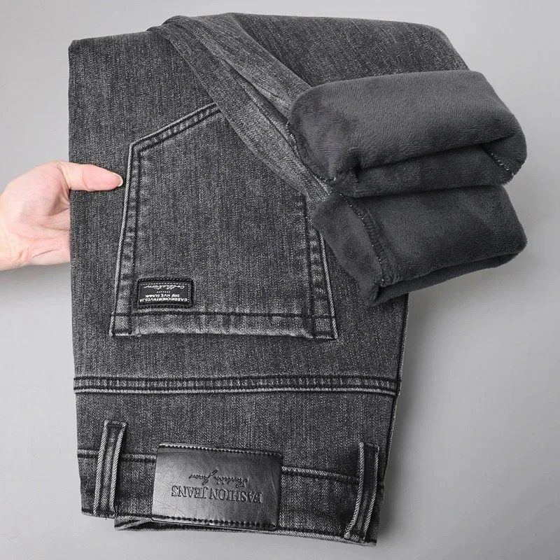 Winter Warm Jeans Mens Slim Straight Elastic Denim Pants Casual Male Clothing Fashion Plush Trousers Fashion Jeans 251029