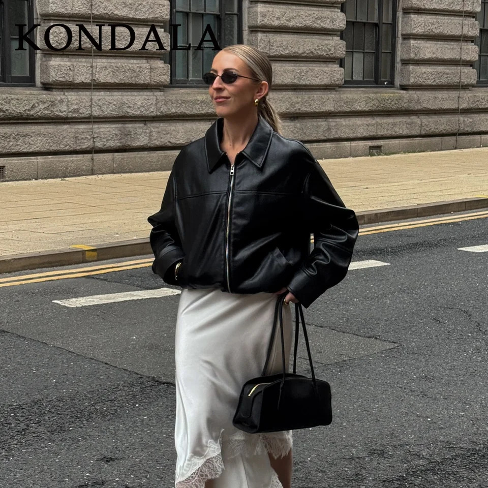KONDALA 2025 Fall Winter Brown Business Casual Faux Leather Women Jackets Chic Vintage Spliced Zipper Christmas Ladies Jackets 251029