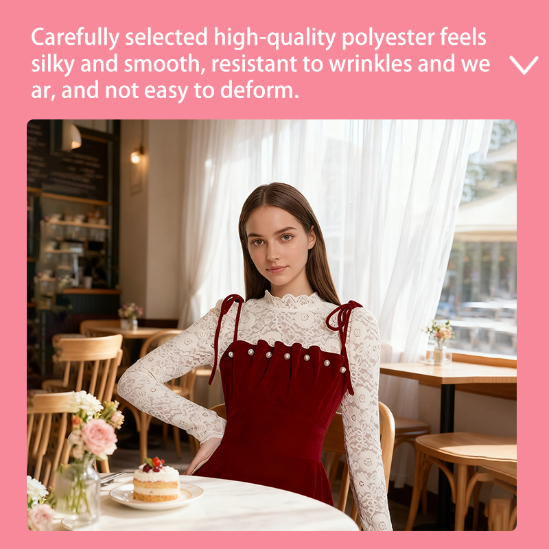 Prom Dresses Women's Burgundy Velvet Suspender Dress with Lace Top, Pearl Detail Mini Party Dress, Vintage-Inspired Cocktail & Holiday Wear YJY00