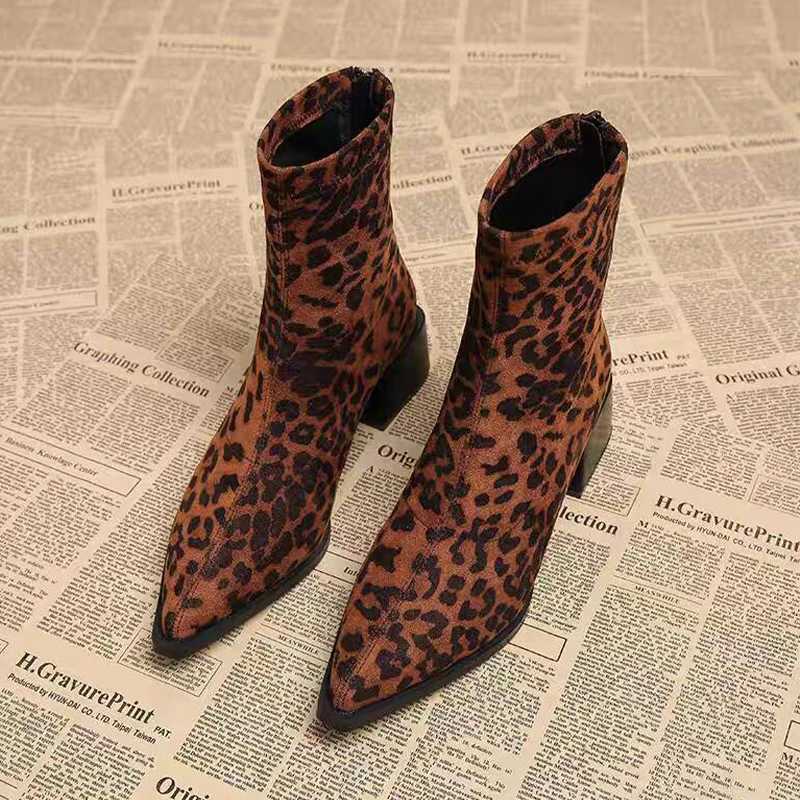 Leopard Women Ankle Boots Pointed Toe Suede Heeled Shoes Fashion Winter Woman Pumps 2025 New Designer Dress Mujer Chelsea Botas Z251029