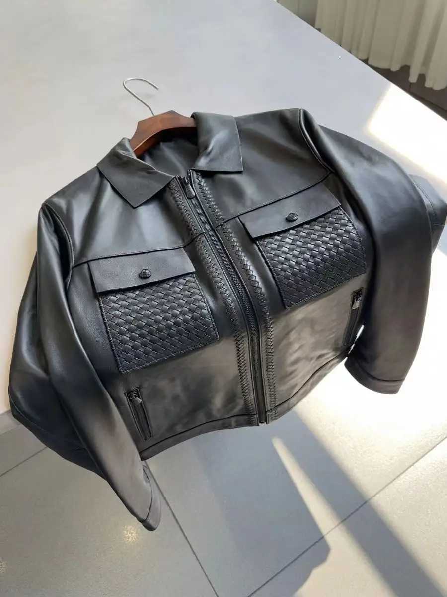 Mens ZipUp Leather Jacket Lapel Vintage Biker Style Business Casual Autumn Winter Windbreak Coat for MiddleAged Young BlackT251029