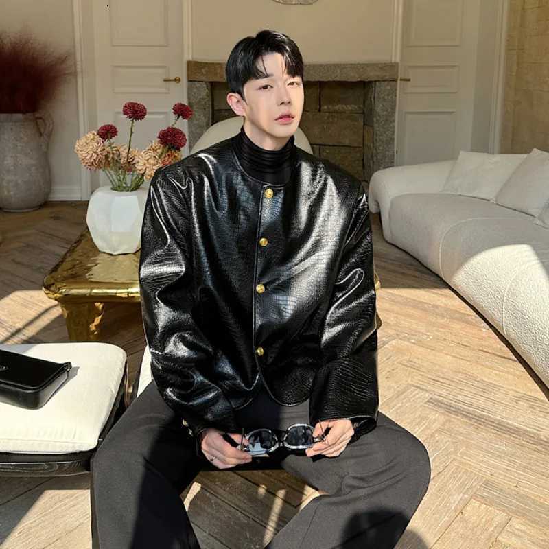 SYUHGFA Korean Style Mens Coats PU Leather Crocodile Pattern Round Collar Single Breasted Solid Color Casual Male Jackets 2024T251029