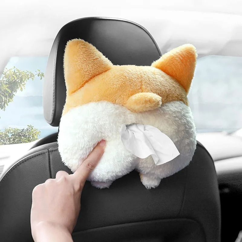 Soft Plush Car Tissue Holder Hanging Car Tissue Box Cover Organizer Cute Corgi Butt Shaped Tissue Holder Box 251029