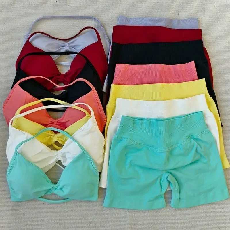 2PCS Yoga Fitness Suit Womens Seamless LaceUp Yoga Bra Top High Waist Workout Scratch Shorts Sports Suit Fitness SuitXJ251029