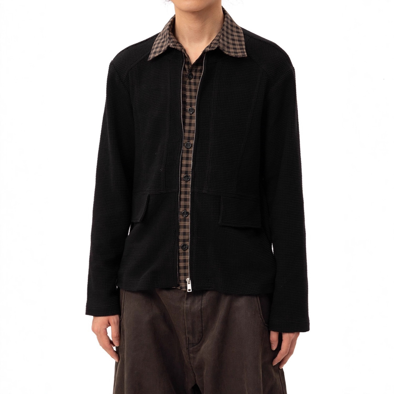 Autumn American Designer Jacket Style Waffle Long Sleeve Shirt Jacket For Men And Women Loose Casual Versatile Fake Two-piece Jacket Top