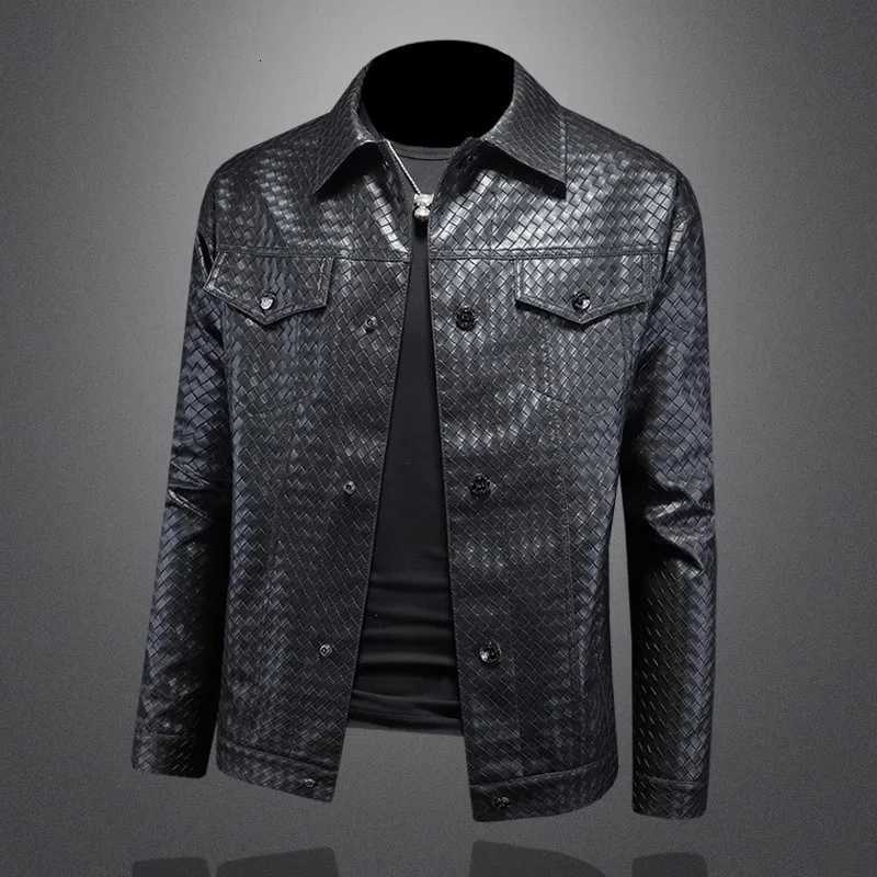 2025 New Plaid Embossed Faux Leather Motorcycle Jacket Mens Casual Autumn Coat 5XLT251029