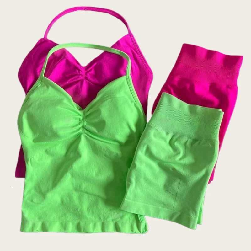 2Pcs Set Yoga Strappy VestShorts Women Resistance Training Seamless Padded Halter Tank Top Scrunch Butt Lifting Gym Shorts SetXJ251029