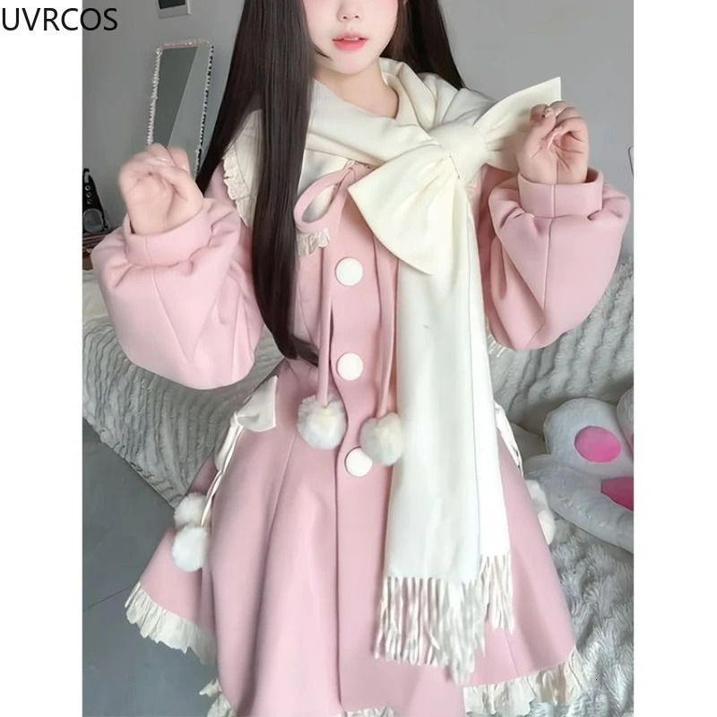 Japanese Kawaii Cute Woolen Coat Women Sweet Ruffles Peter Pan Collar Slim Cotton Bow Scarf Jacket Female Winter Parkas Coats 251029