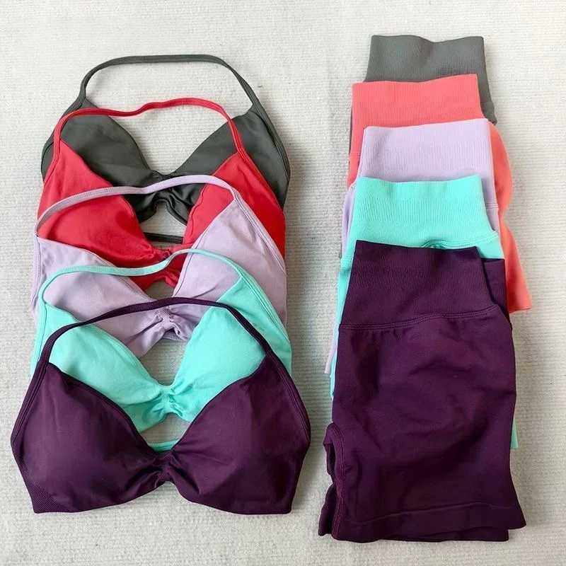 2PCS Yoga Fitness Suit Womens Seamless LaceUp Yoga Bra Top High Waist Workout Scratch Shorts Sports Suit Fitness SuitXJ251029
