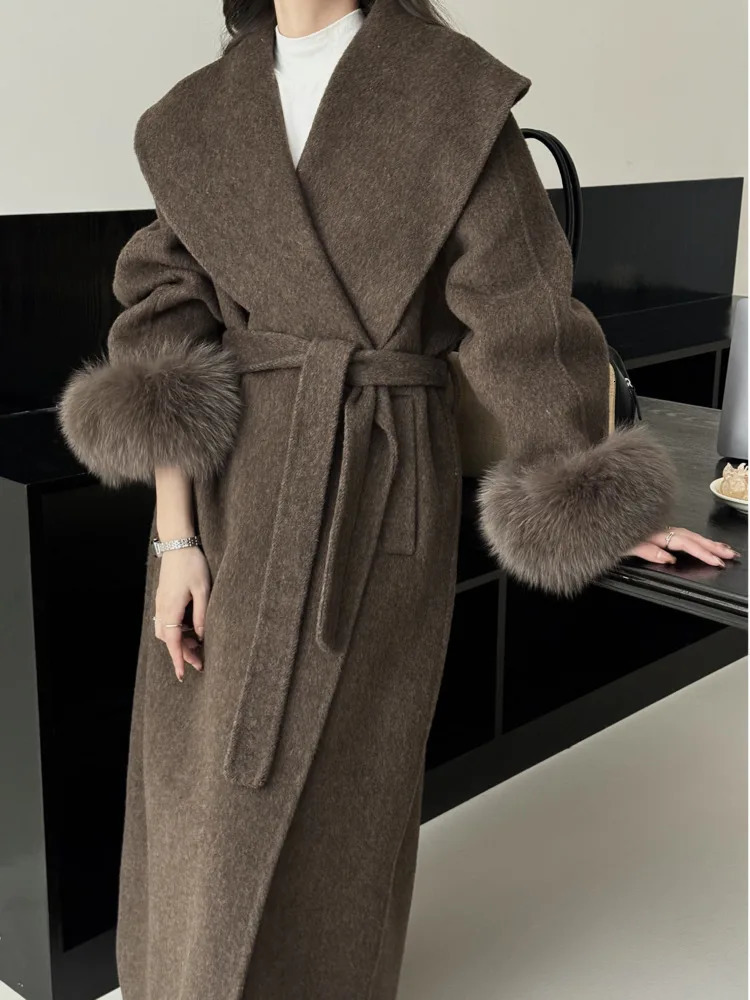 BJTZ Fox Hair Cuffs Doublesided Cashmere Coat Women Autumnwinter Midlength Laceup Loose Fashion Simple 251028