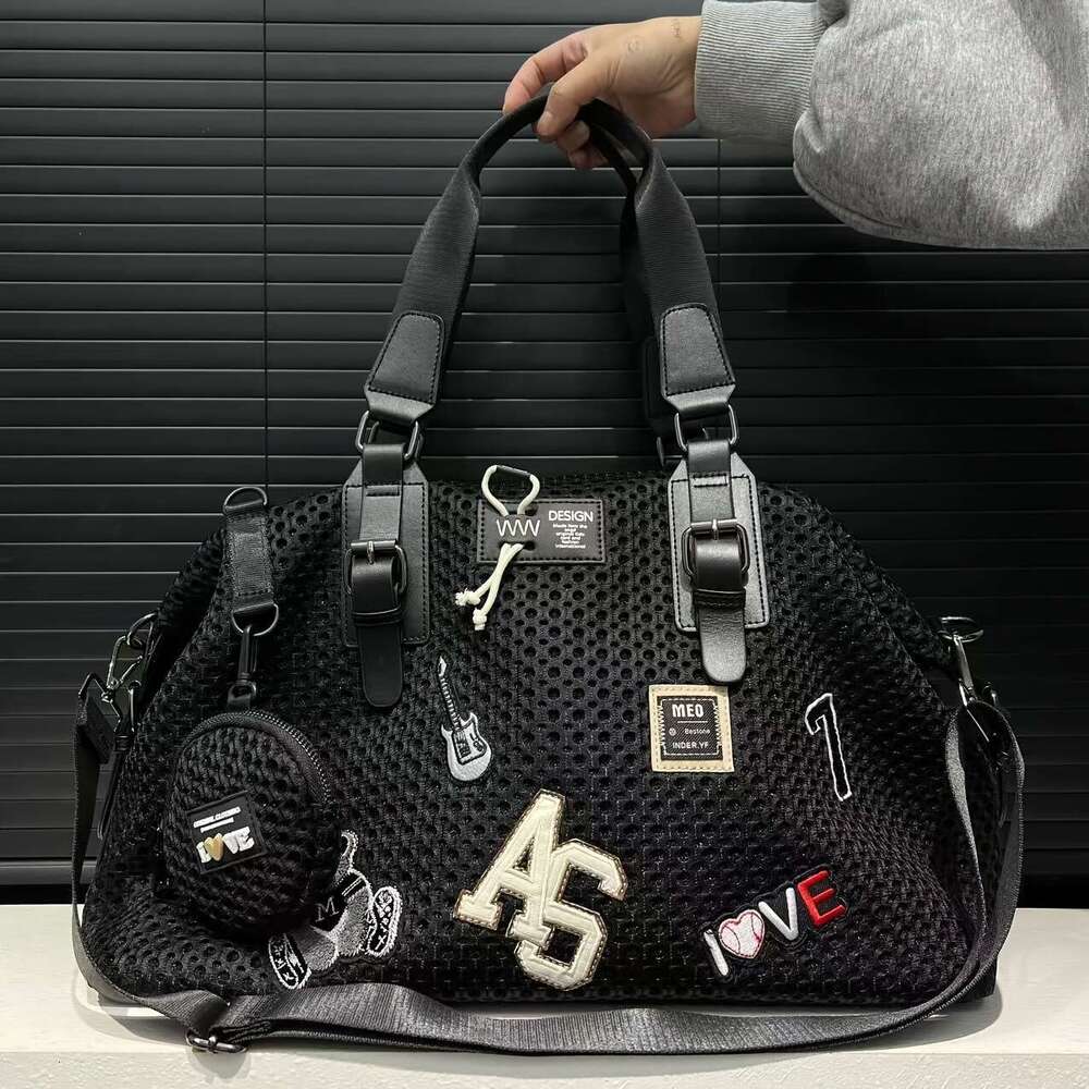 Large Capacity Shoulder Bag Women, Black With Teddy Bear Patch, Versatile Tote, Casual Vacation Handbag, Essential Travel Accessory, Ideal
