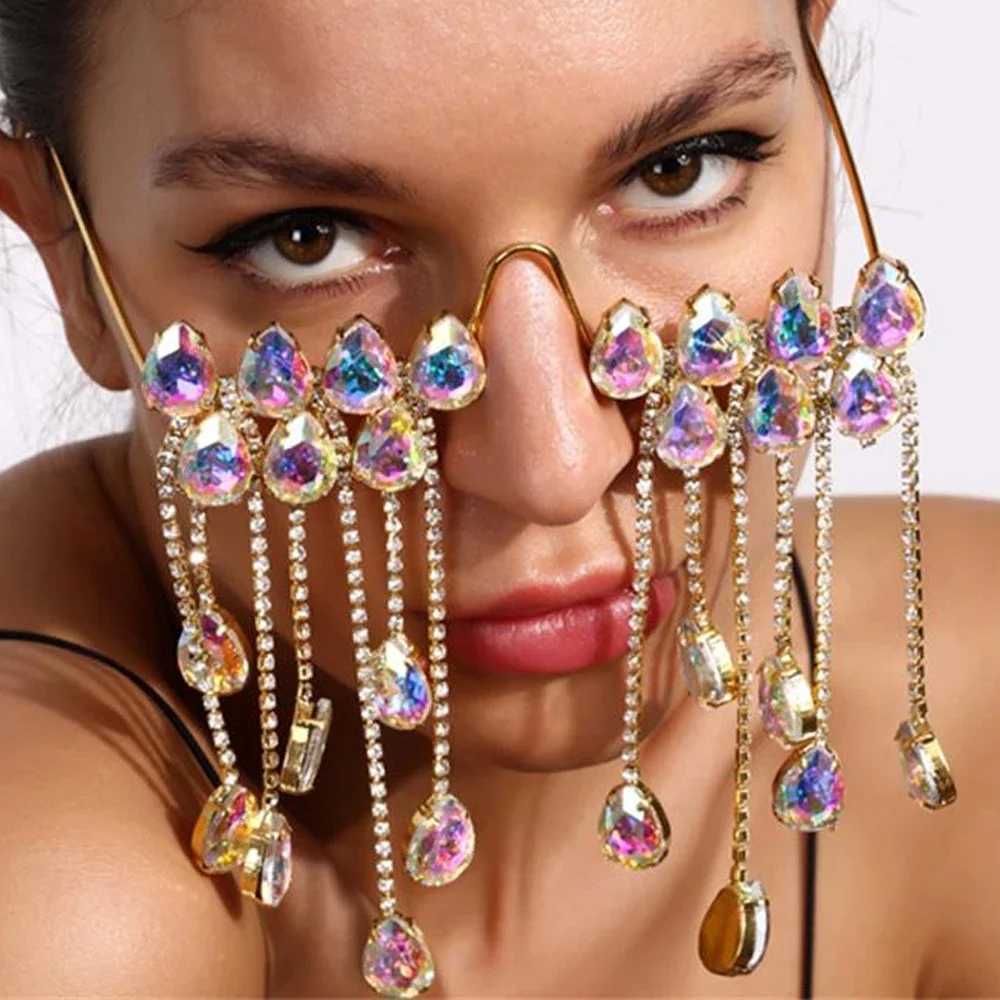 Fashion AB Crystal Glasses Frames Designer Steampunk Sunglasses Frames Tassel Face Chain Jewelry For Women Eyewear DecorationW251029