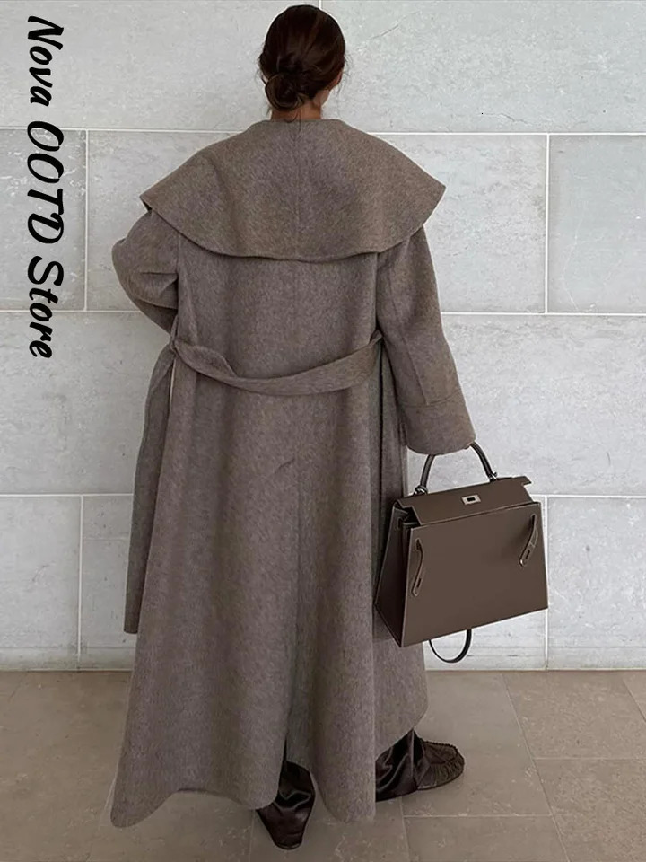 Elegant Shawl Collar Lace Up Long Woolen Coat Women Full Sleeve Belt Lapel Thick Overcoat Autumn Winter Lady Chic Outwear 251028