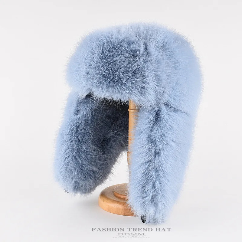 Fashion Women Plush Fluffy Bomber Hats Y2K Blue Marten Fur Windproof Warm Ear Protection Ski Hat Winter Beanies Hat 251029